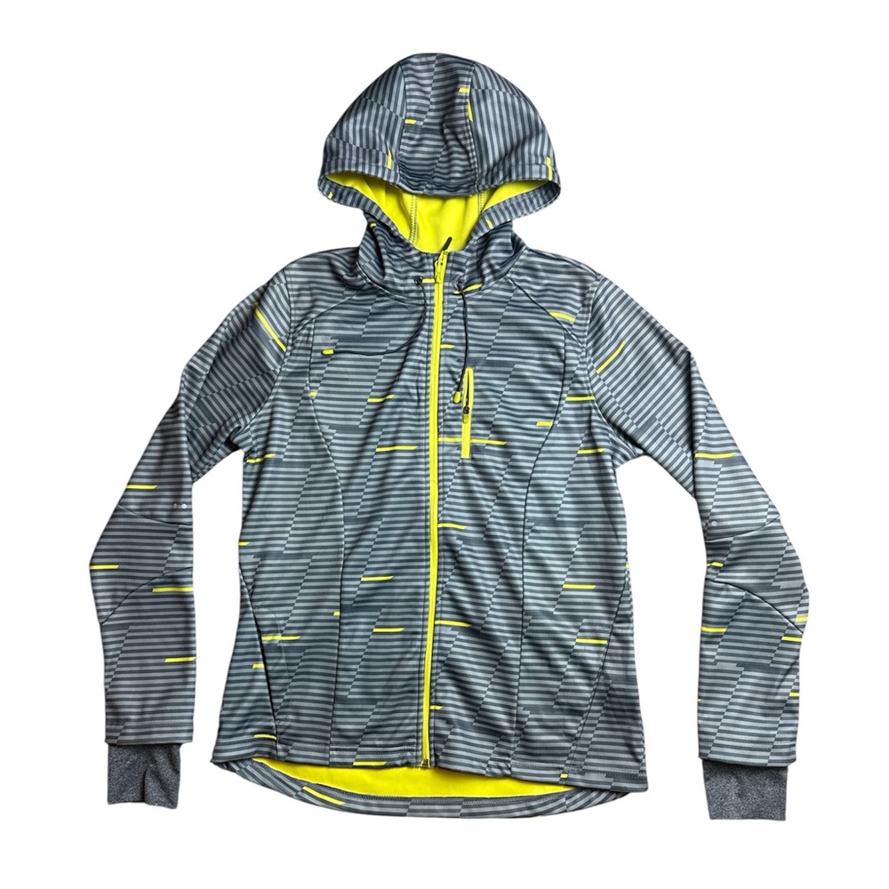 Mondetta Gray & Neon Yellow Striped Hooded Zip Jacket - large